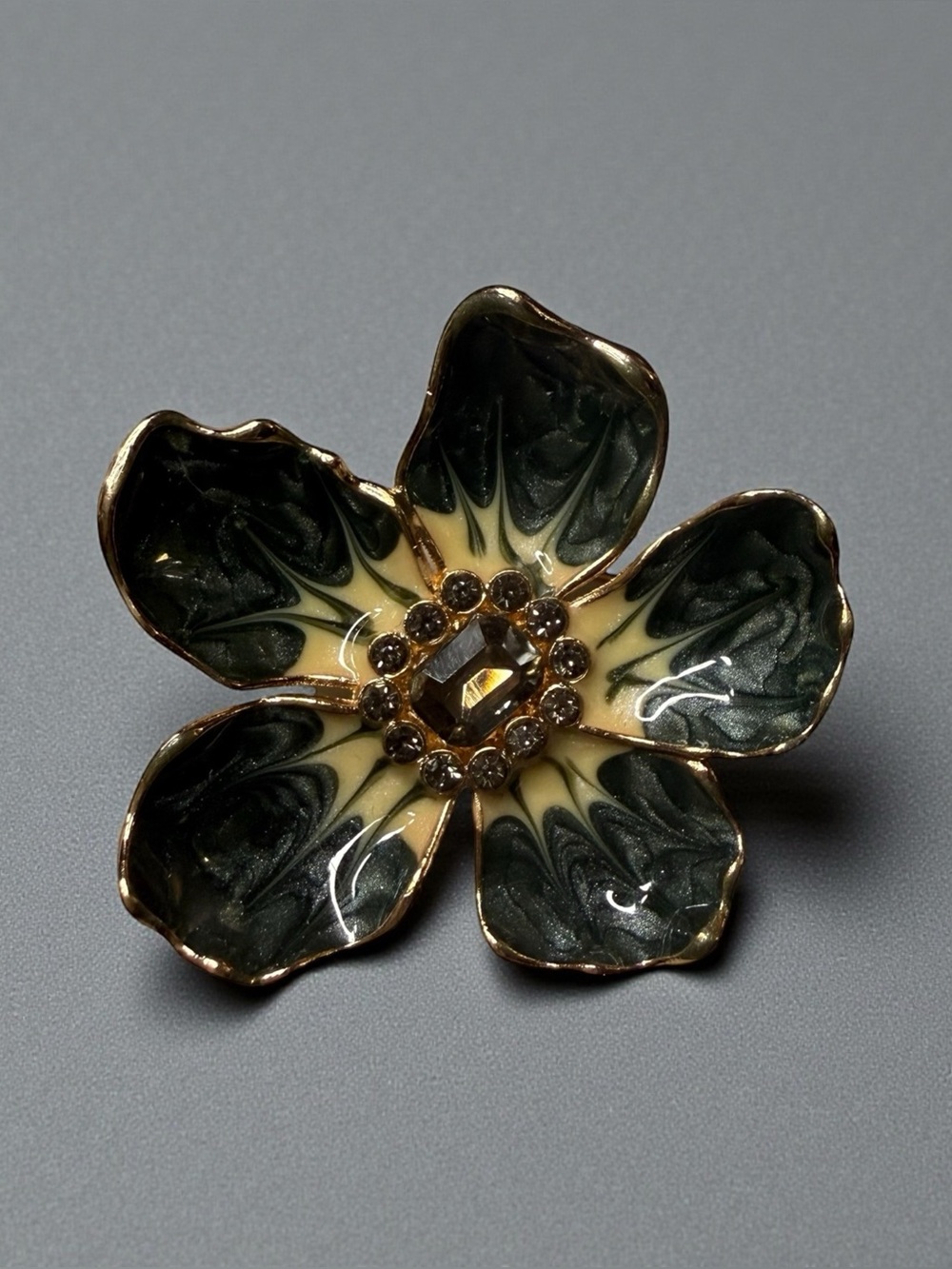 Statement Floral Brooch Marbled Resin Enamel Rhinestone Pin